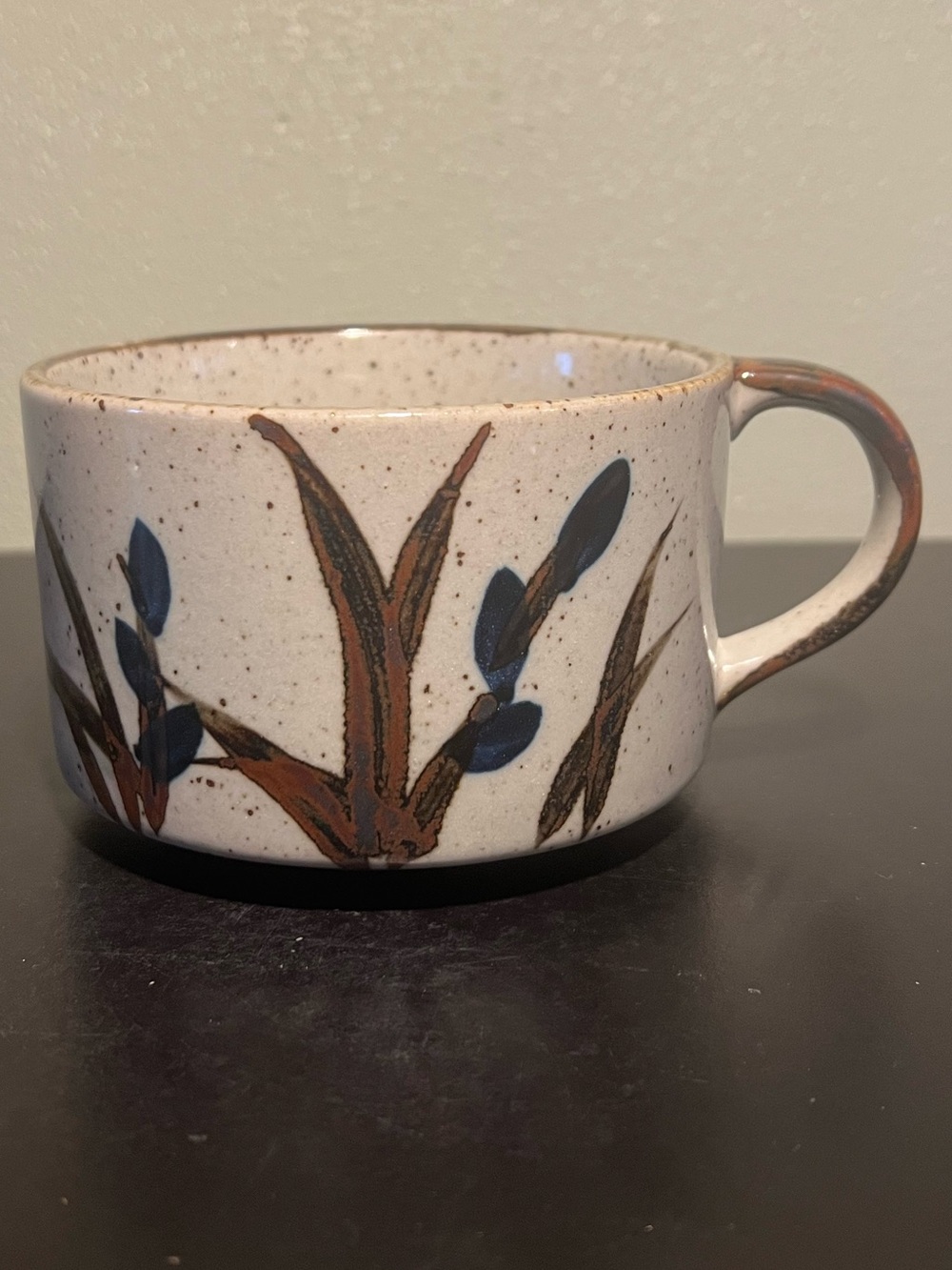 Vtg  Otagiri Speckled Stoneware Soup Mug Bowl Blue Brown Botanical Japan 16oz